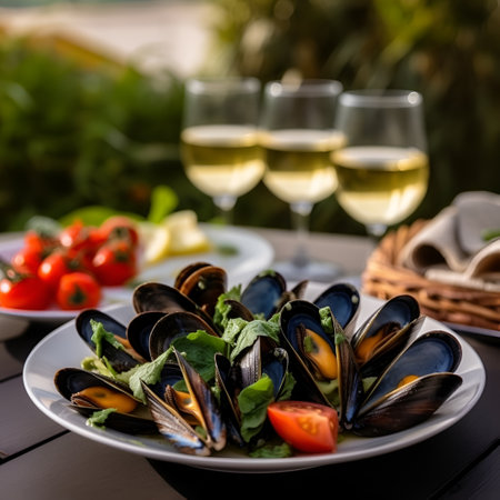 Seafood BBQ concept, selective focus, closeup of grilled mussels served with wine on set table, AI generative content.の素材