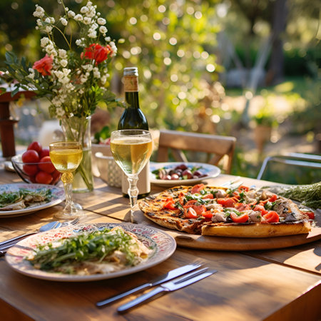 Dinner table setting concept, celebratory outdoor table setting for a fun garden party, AI generative content.の素材