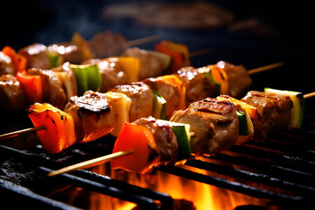 Grilled meat skewers with vegetables on the flame grill with smoke, generative AI content.の素材