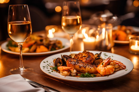 Seafood BBQ concept, selective focus, closeup of grilled shrimp served with wine on table setting, AI generative content.の素材