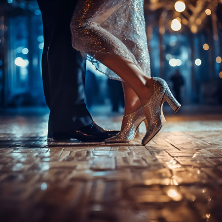 A woman's legs in shiny high heels and a man's legs in suit pants. The couple dances on the hardwood floor in a dance hall, AI generative content, close up.の素材