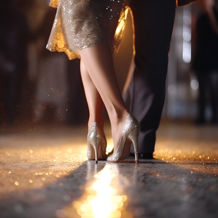A woman's legs in shiny high heels and a man's legs in suit pants. The couple dances on the hardwood floor in a dance hall, AI generative content, close up.の素材
