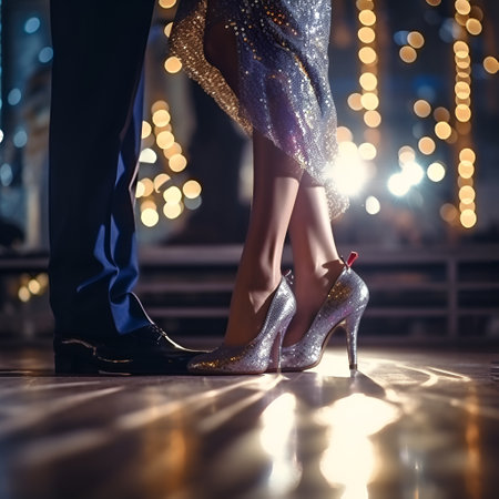A woman's legs in shiny high heels and a man's legs in suit pants. The couple dances on the hardwood floor in a dance hall, AI generative content, close up.の素材