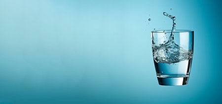Ice cubes in a glass with crystal clear water on a blue background. Refreshing and healthy water on hot days, generative AI content, banner,の素材
