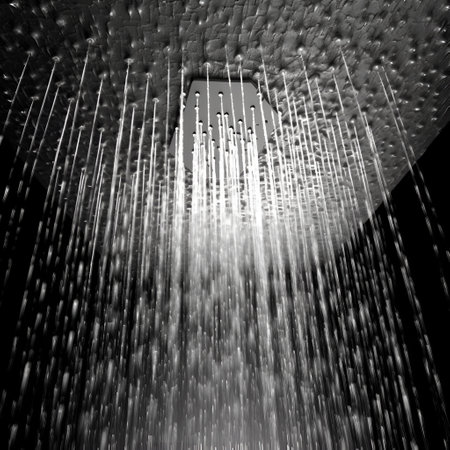 Water jet with splashes and water mist in the bathroom. Clean water and sustainability concept, AI generative content.の素材