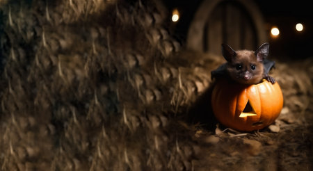Bat and Halloween pumpkin head lantern with burning candle inside on dark background, AI generative content.の写真素材