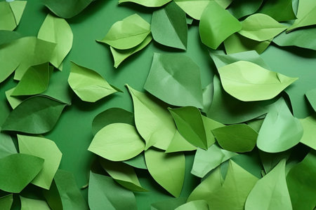 Abstract green background with cut out paper sheets in different shades of green, AI generative content, copy space.の素材