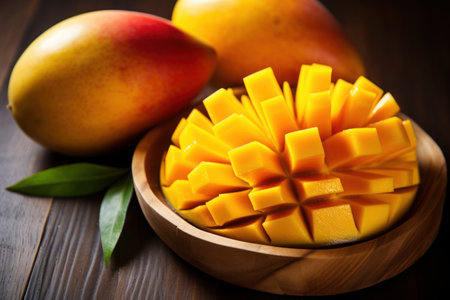 Fresh ripe yellow-red mangoes diced and served on the table, closeup, generative AI content.の素材