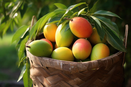 Wicker basket full of fresh ripe yellow-red mangoes, mango harvest on a mango plantation, generative AI content.の素材