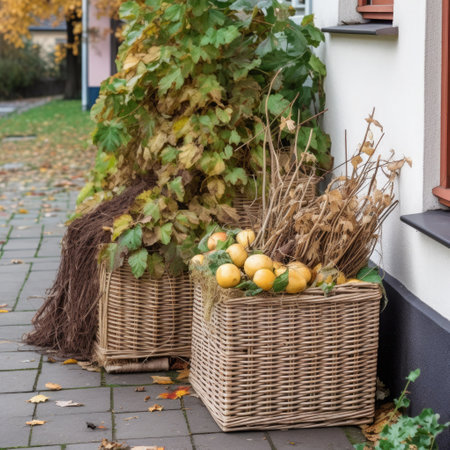Autumnal nature concept, fallen leaves collected in the sacks in the garden, generative AI concept, copy space.の素材