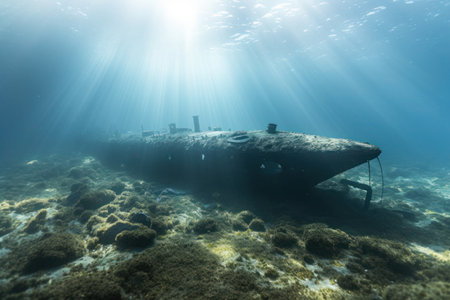 Underwater view of an old sunken ship in the Caribbean Seaの素材