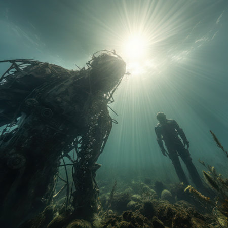 Industrial diving in the future. In the deep sea, underwater robots work instead of people. Generative AI content.の素材