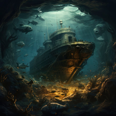 The illustration of the wreck of a sunken ancient merchant ship in the sea depths, generative AI content, copy space.の素材