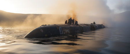 A modern submarine appears on the surface of the water in the smoke, which probably has a problem. Generative AI content.の素材