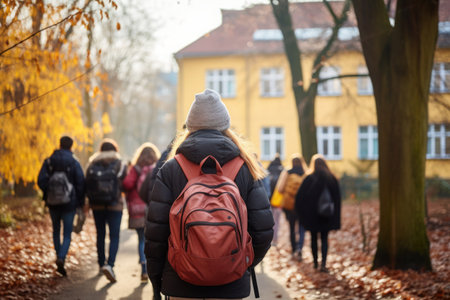 Rear view of a group of students on the street with school backpacks on their backs going to school, copy space.の素材
