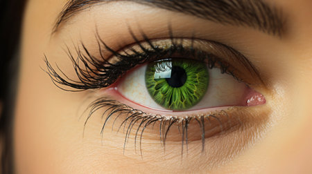 Macro shot of a woman's beautiful eye with green iris and long eyelashes.の素材
