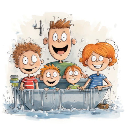 Funny illustrations for family bathing and water saving concepts. The whole family sits in a bathtub, cartoons.の素材