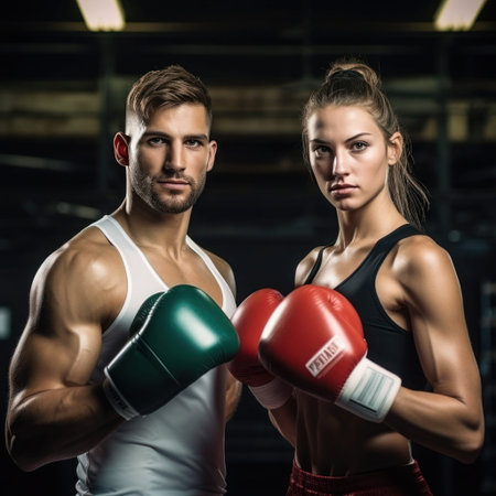 Portrait of a young man and woman who have made boxing their sport against the dark background of a boxing hall.の素材