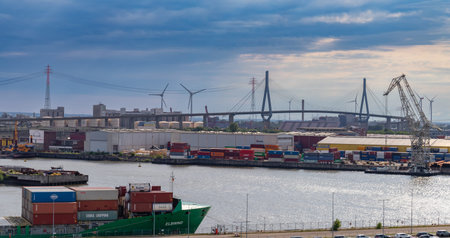 Hamburg, Germany-July 15, 2023, The Koehlbrand Bridge, opened in 1974 and extensively renovated between 2014 and 2016, connects the Wilhelmsburg harbor with the A7.のeditorial素材