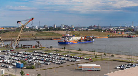 Hamburg, Germany - July 15, 2023, Parking lot for cruise tourists at Cruise Center Steinwerder, the third cruise terminal in Kaiser-Wilhelm-Hafen. The official opening took place on June 9, 2015.のeditorial素材