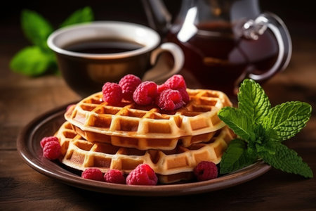 Fresh homemade waffles with raspberries and powdered sugar served on a plate with a cup of hot tea on a rustic table, view from the side.の素材