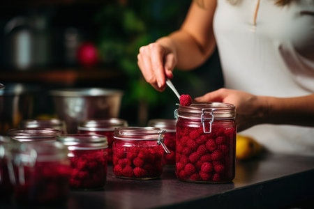 Preparation Raspberry compote in glasses on a wooden table, next to it fresh raspberries and mint leaves. Healthy eating concept, selective focus and copy space.の素材