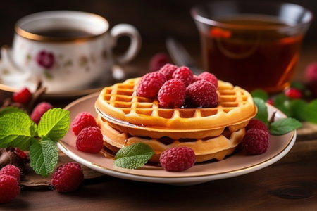 Fresh homemade waffles with raspberries and powdered sugar served on a plate with a cup of hot tea on a rustic table, view from the side.の素材