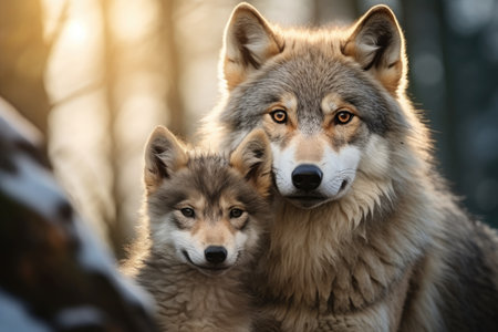 EUROPEAN WOLF Canis lupus, portrait of a female with cubs in the forest, copy spaceの素材