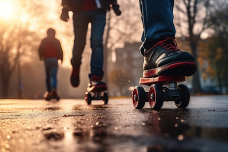 Healthy lifestyle, seeing feet on a skateboard, riding down the street on a skateboard.の素材