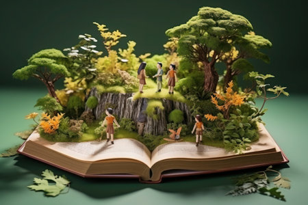 Opened book in a fantasy setting with animals, a little house, waterfall, magical sparkles.の素材