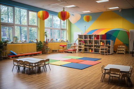 Beautiful interior design of the playroom in the kindergarten. Bright room with panoramic window.の素材