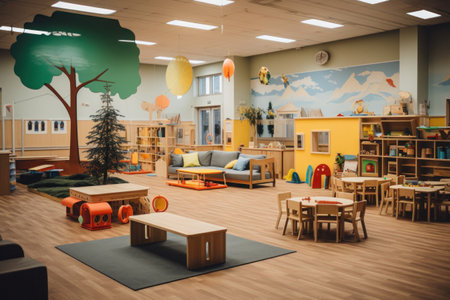 Beautiful interior design of the playroom in the kindergarten. Bright room with panoramic window.の素材