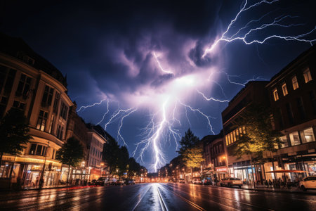 A flash in the night sky of a big city. Beautiful and dangerous natural phenomenon.の素材