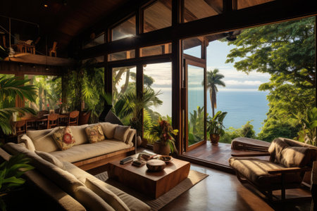Sophisticated interior design of the bungalows with breathtaking sea views. Vacation in tropical countries. Tourism concept.の素材