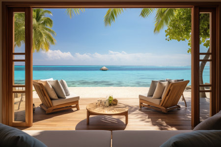 Sea view from a bungalow in Tropical Paradise. Tourism summer holidays and vacation concept. Inspiring tropical landscapeの素材