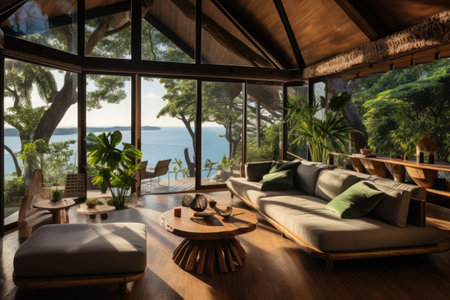 Sophisticated interior design of the bungalows with breathtaking sea views. Vacation in tropical countries. Tourism concept.の素材