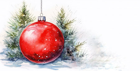 In the foreground there is a Christmas ball, in the background the fir trees, watercolor, Christmas or New Year decoration, banner.の素材