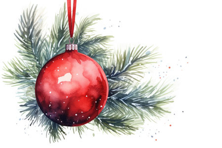In the foreground there is a red Christmas ball, in the background there are snow-covered fir trees, watercolor, Christmas or New Year decoration, copy space.の素材