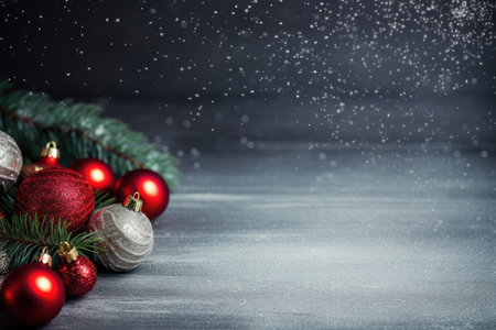 Christmas or New Year decoration background: fir branches, colorful glass balls on dark grunge background with copy spaceの素材