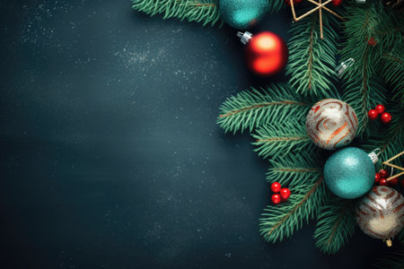 Christmas or New Year decoration background: fir branches, colorful glass balls on dark grunge background with copy spaceの素材