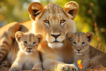 Cute young lion cubs with their mother, close up.の素材
