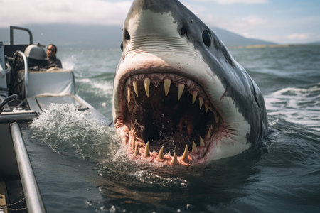 A scary big shark attacks the boat, a shark head with sharp teeth can be seen above the water, close up.の素材