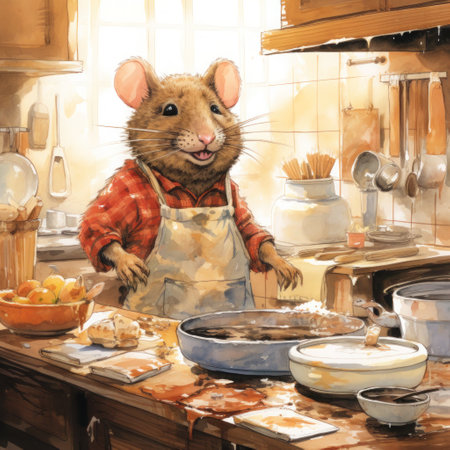 The mouse in human clothes who wants to cook in the kitchen, illustration, copy space.の素材