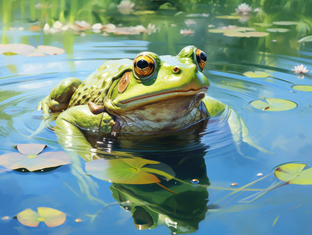 A focus stack closeup of a green frog sitting in the water of a pond, copy space.の素材
