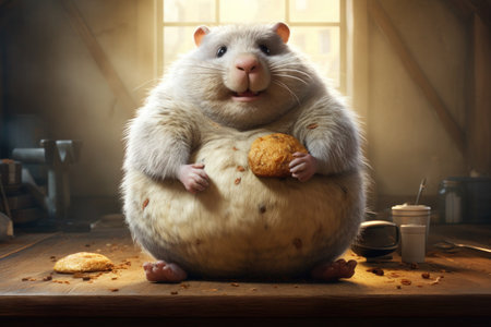 Big fat mouse holds a cookie in its paws and wants to eat the cookie immediately, illustration, copy space.の素材