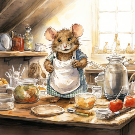 The mouse in human clothes who wants to cook in the kitchen, illustration, copy space.の素材