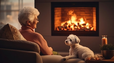 Rear view of a gray-haired woman enjoying the fire at the fireplace, the relaxed warmth and the beautiful evening with her dog.の素材