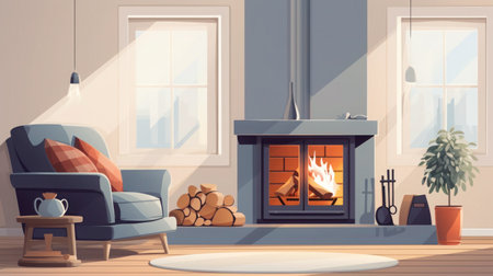Illustration of a minimalist fireplace in a living room. Copy space.の素材