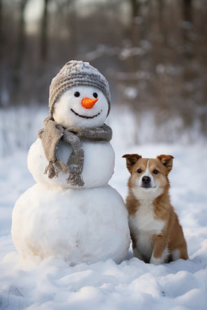 Funny snowman with a scarf and hat on a meadow or garden at the edge of the forest. A dog sits next to the snowman.の素材