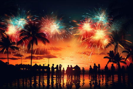 Colorful fireworks explode through tall palm trees in the sky above the beach and over the heads of people celebrating under the palm trees and admiring the fireworks, copy space.の素材